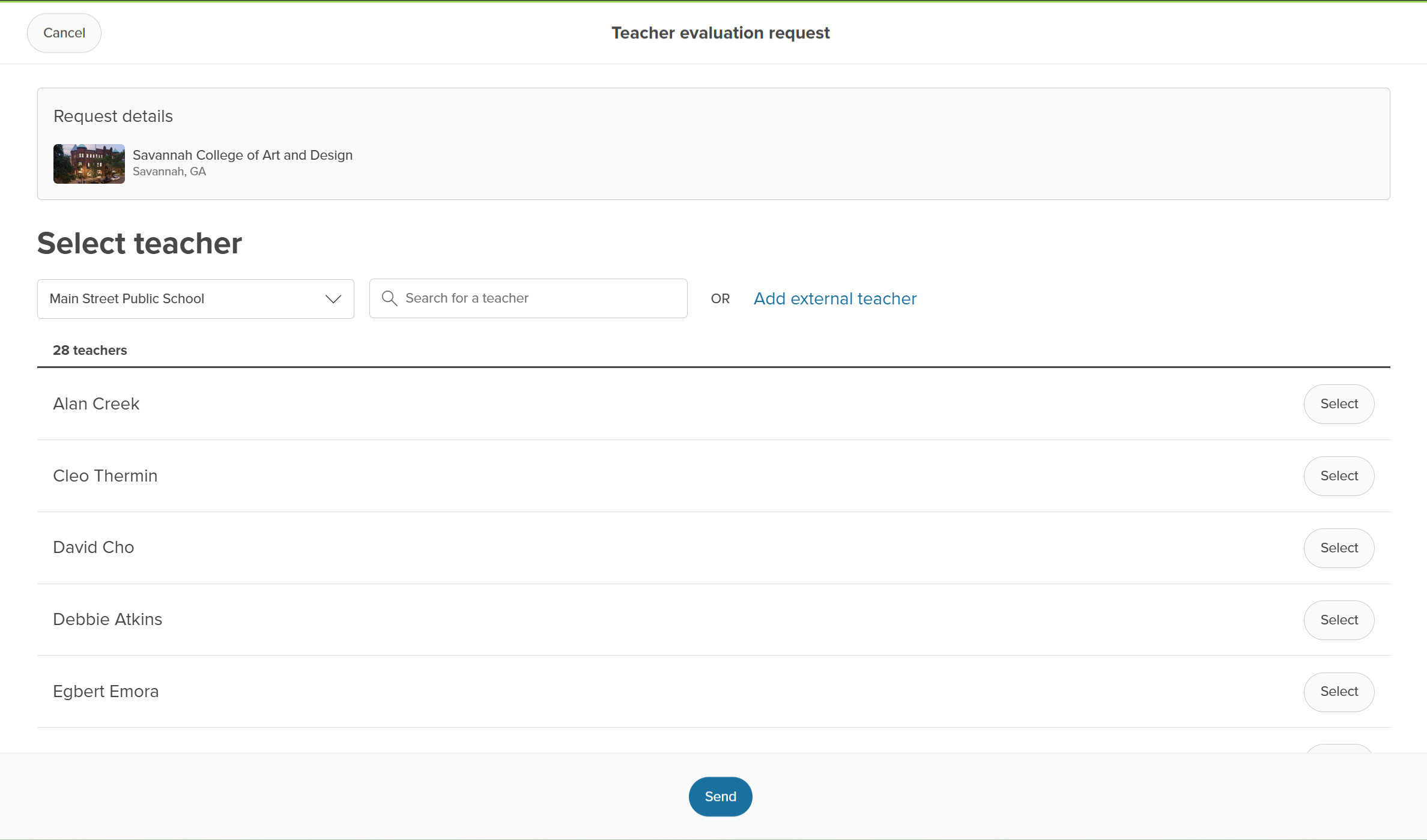 The teacher evaluation request page in a student account. There is a list of educators the student can choose from or they can click Add external teacher to add an out of district educator.